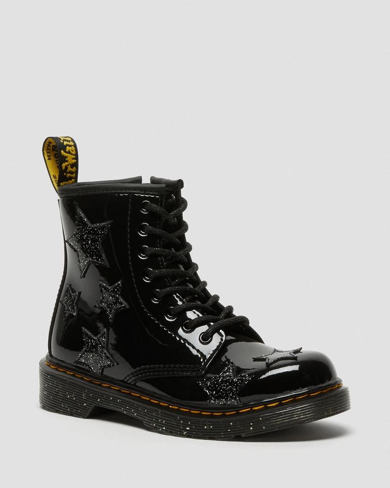 Black Kids\' Dr Martens Junior 1460 Glitter Star Patent Lace Up Boots | CA 679PJJ